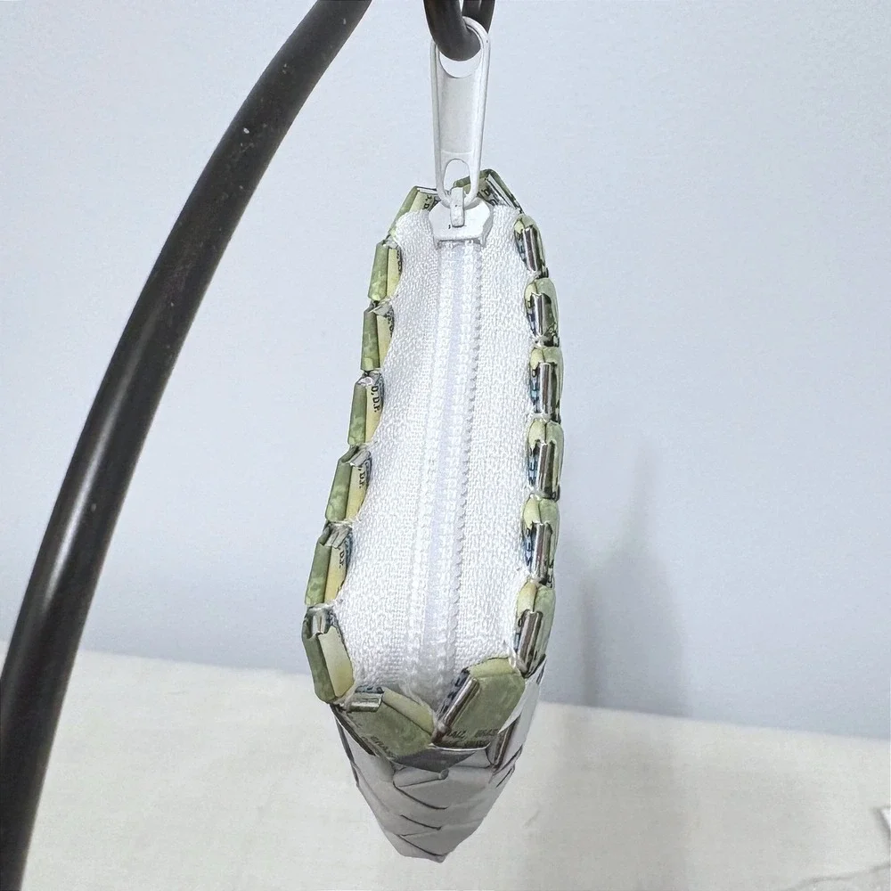 Handcrafted Upcycled Woven Coin Purse‎ Green Silver White Recycled Wrapper Bag